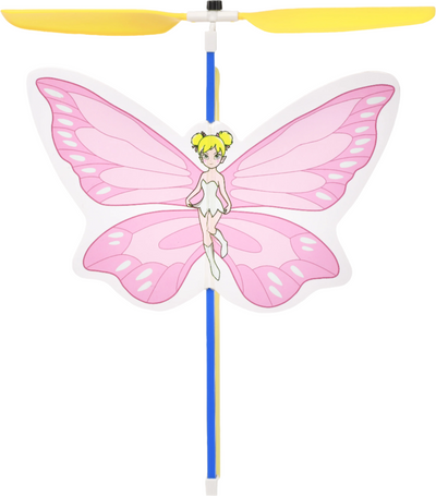 Band powered copter toy with yellow propeller and pink pixy butterfly figure wings.