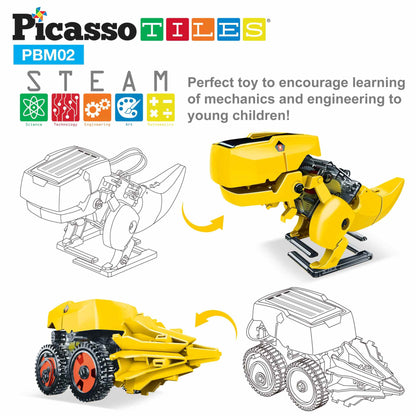 Solar powered yellow dinosaur robot toy with wheels and mechanical parts for STEM learning and eco-friendly play.