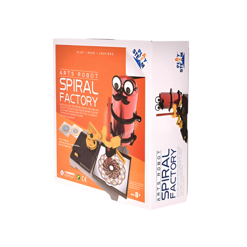 STEM science set with robot spiral factory creating colorful designs, educational toy for kids with learning booklet.