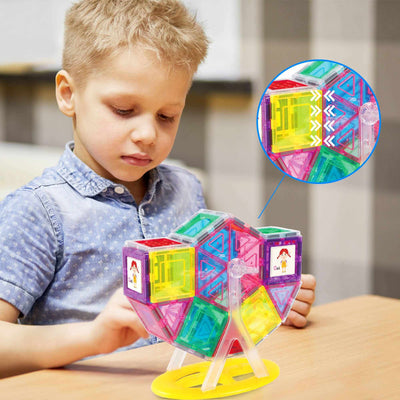 Child playing with colorful 9-piece Ferris Wheel Magnetic Building Set for Kids, showcasing magnetic spinning construction blocks.