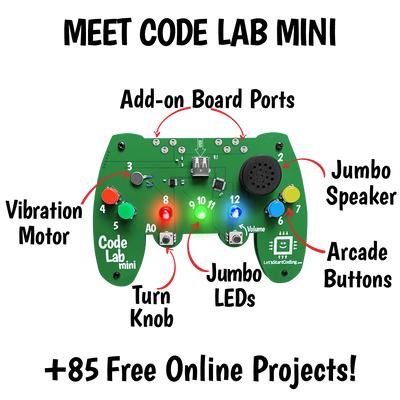 Code Lab Mini coding circuit board shaped like game controller with LED lights, arcade buttons, speaker, and USB port for kids aged 8 to 12 learning C++.