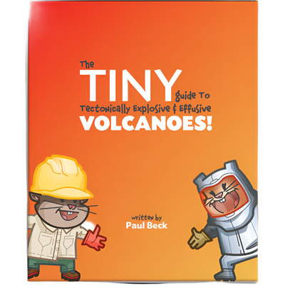 Tiny Volcanoes educational kit with illustrated characters and orange gradient background for hands-on volcano eruptions and STEAM learning.