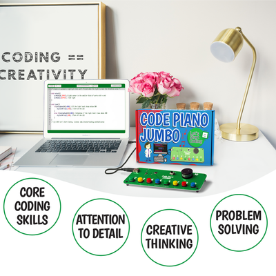 Code Piano Jumbo coding kit with arcade-style buttons, laptop showing code, and features promoting coding creativity and problem solving