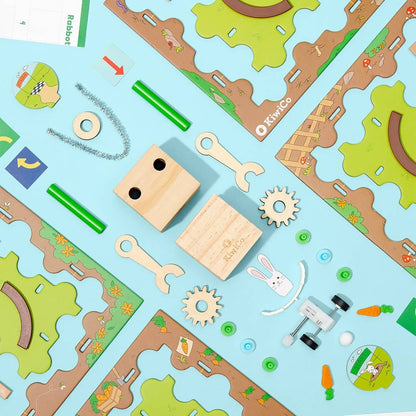 Robot Coder Starter Kit DIY science kit with wooden parts, puzzle pieces, and coding activity for kids.
