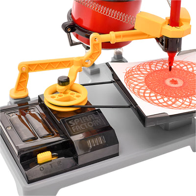 Arts Robot Spiral Factory drawing a red spiral pattern with yellow mechanical arms and a recycled can motor.