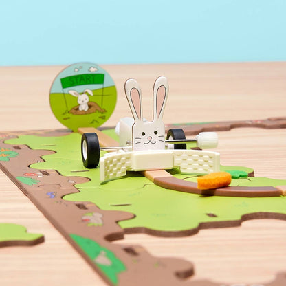 Robot Coder Starter Kit DIY science kit with a wooden rabbit robot and puzzle track for kids learning coding and robotics.