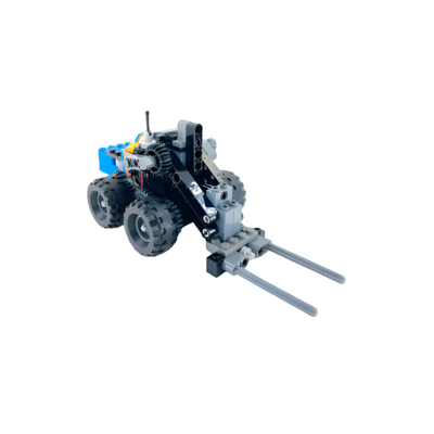 Bluetooth-controlled LEGO-style Space Rovers Kit robot with forklift arm for kids STEM learning