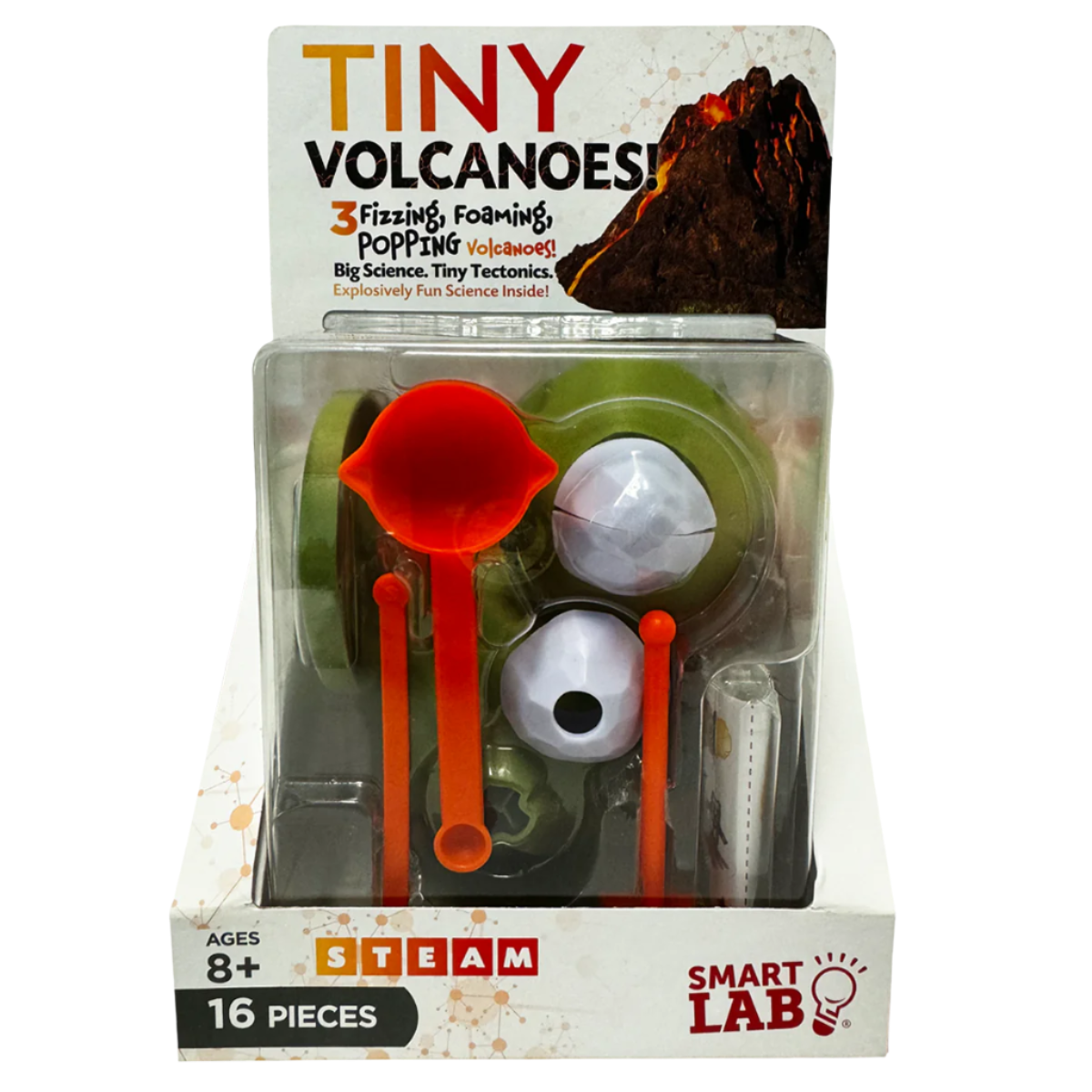 Tiny Volcanoes STEAM kit for kids, featuring mini-volcano building, rainbow lava mixing, and tectonic lessons; includes 16 pieces, suitable for ages 8 and up.