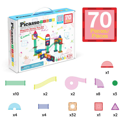 Magnetic Marble Run 70-piece STEM toy set with translucent magnetic tiles for creative 3D marble track building.