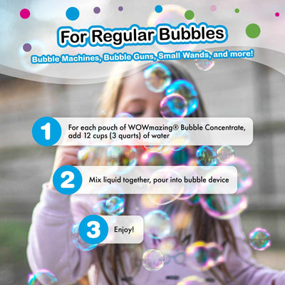 Child blowing colorful bubbles using WOWmazing Giant Bubble Concentrate for bubble machines and wands