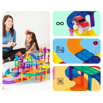 Child playing with colorful 50 Piece Magnetic Racetrack Set featuring elevated tracks and LED light-up cars for STEAM learning and motor skill development