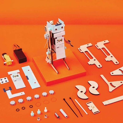 Jumping Robot STEM building kit with wooden parts, motor, battery pack, and gears for kids educational robotics project