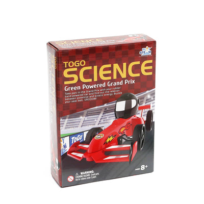 Green Powered Grand Prix rubber band race car STEM science kit with customizable front wheels and crown gear rear axle for ages 8 and up