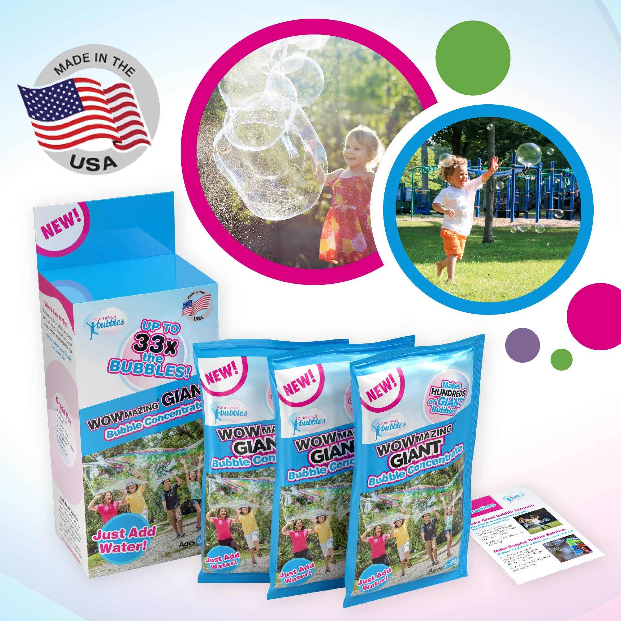 WOWmazing Giant Bubble Concentrate 3-pack refill pouches for making giant, long-lasting bubbles, made in the USA.