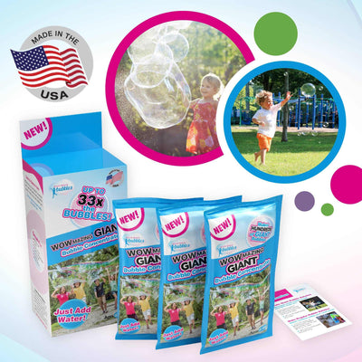 WOWmazing Giant Bubble Concentrate 3-pack refill pouches for making giant, long-lasting bubbles, made in the USA.