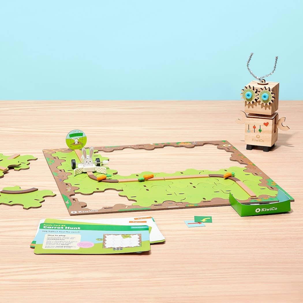Robot Coder Starter Kit DIY science kit for kids with wooden robot, puzzle pieces, coding game, and interactive STEM play