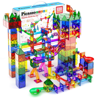 Magnetic Marble Run 100-piece set with colorful translucent tiles for building 3D maze tracks and promoting STEM learning.