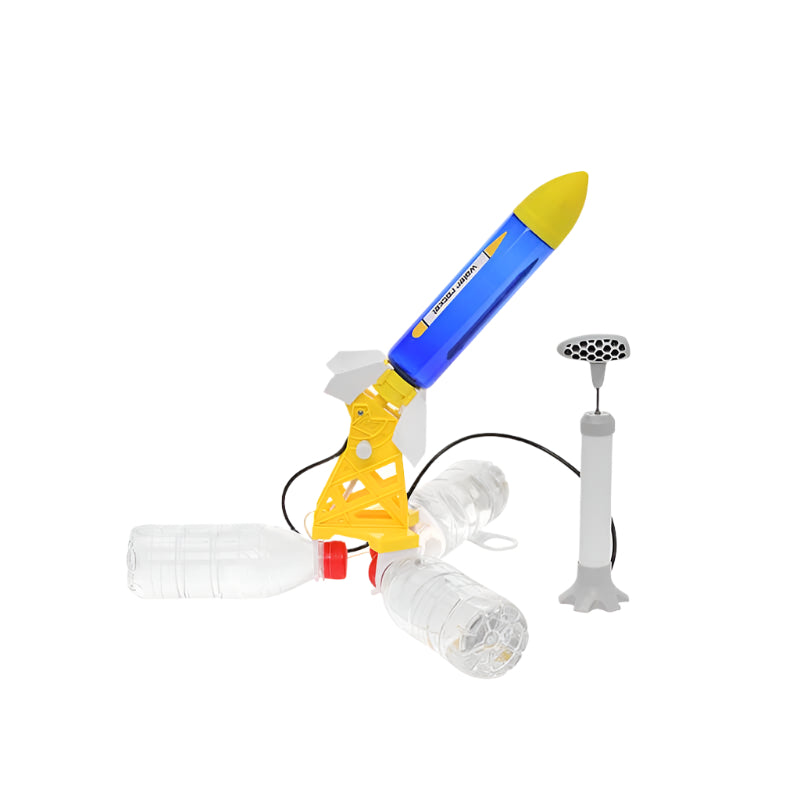 Water powered rocket set with launchpad and air pump for STEM science learning.