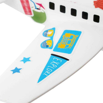 Close-up of the wing of a Hula Loop aerobatic stunt plane with decorative stickers and blue stars