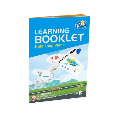 PlaySTEAM Hula Loop Plane learning booklet with aerobatic stunt plane illustration and educational content for ages 8+