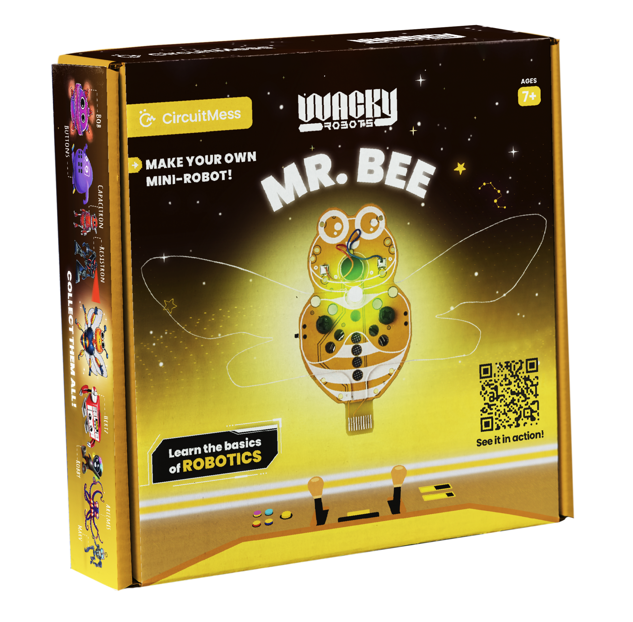 Wacky Robot Mr. Bee DIY mini robot kit for kids ages 7+ with vibration motors and LEDs for a hands-on STEM robotics experience.