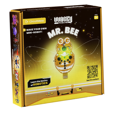 Wacky Robot Mr. Bee DIY mini robot kit for kids ages 7+ with vibration motors and LEDs for a hands-on STEM robotics experience.