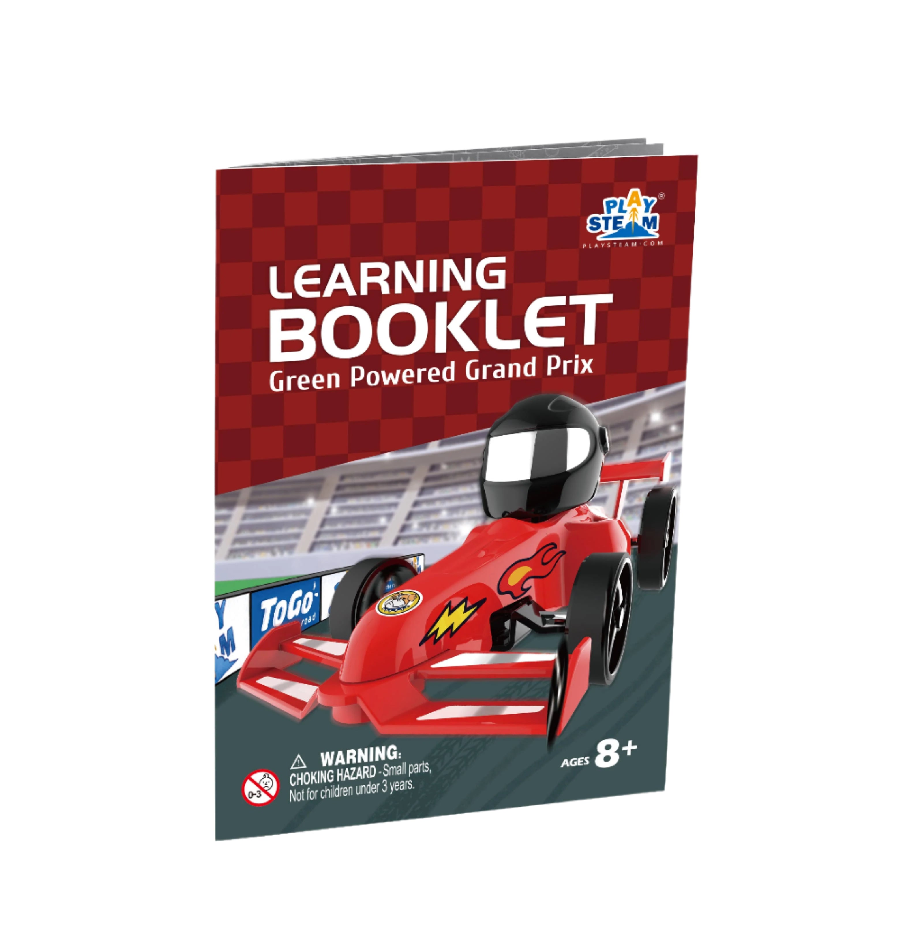Learning booklet for Green Powered Grand Prix rubber band race car on a red checkered background for ages 8 and up.