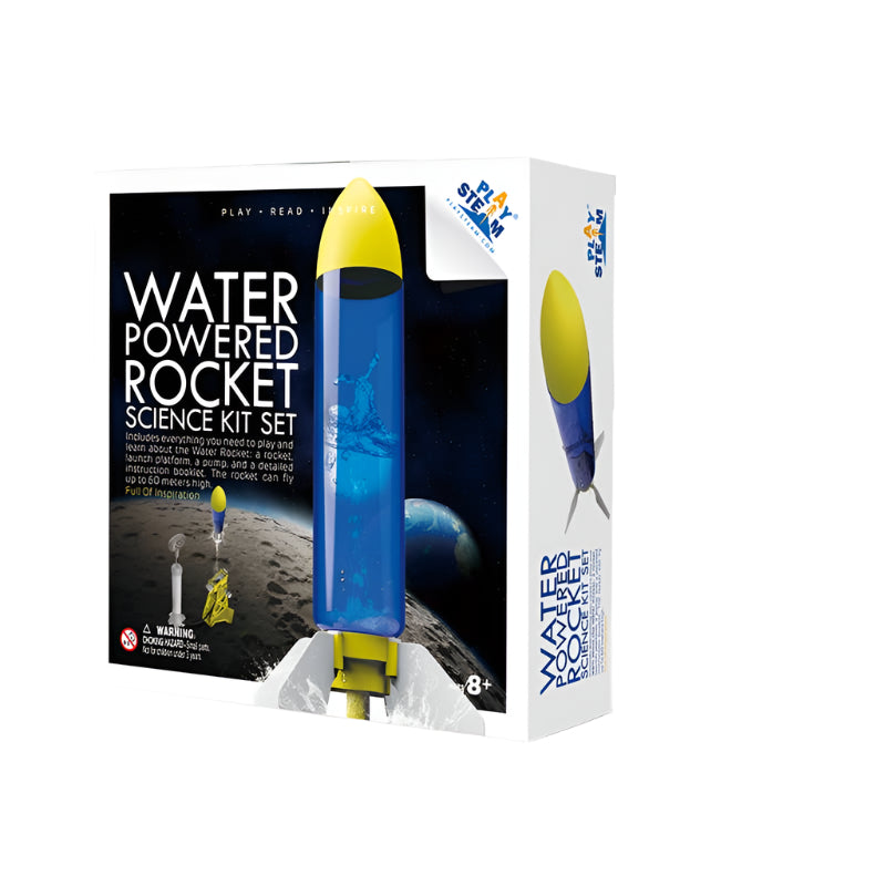 Water Powered Rocket Set - STEM Science Kit packaging showing rocket and included components.