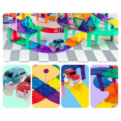 50 Piece Magnetic Racetrack Set with colorful translucent tracks, supporting columns, and LED light-up cars for educational STEAM play and motor skill development.