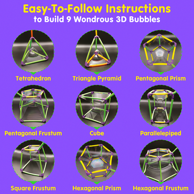 Build-A-Bubble Montessori 3D bubble kit showing easy-to-follow instructions for building nine geometric bubble shapes including tetrahedron, cube, and hexagonal prism.