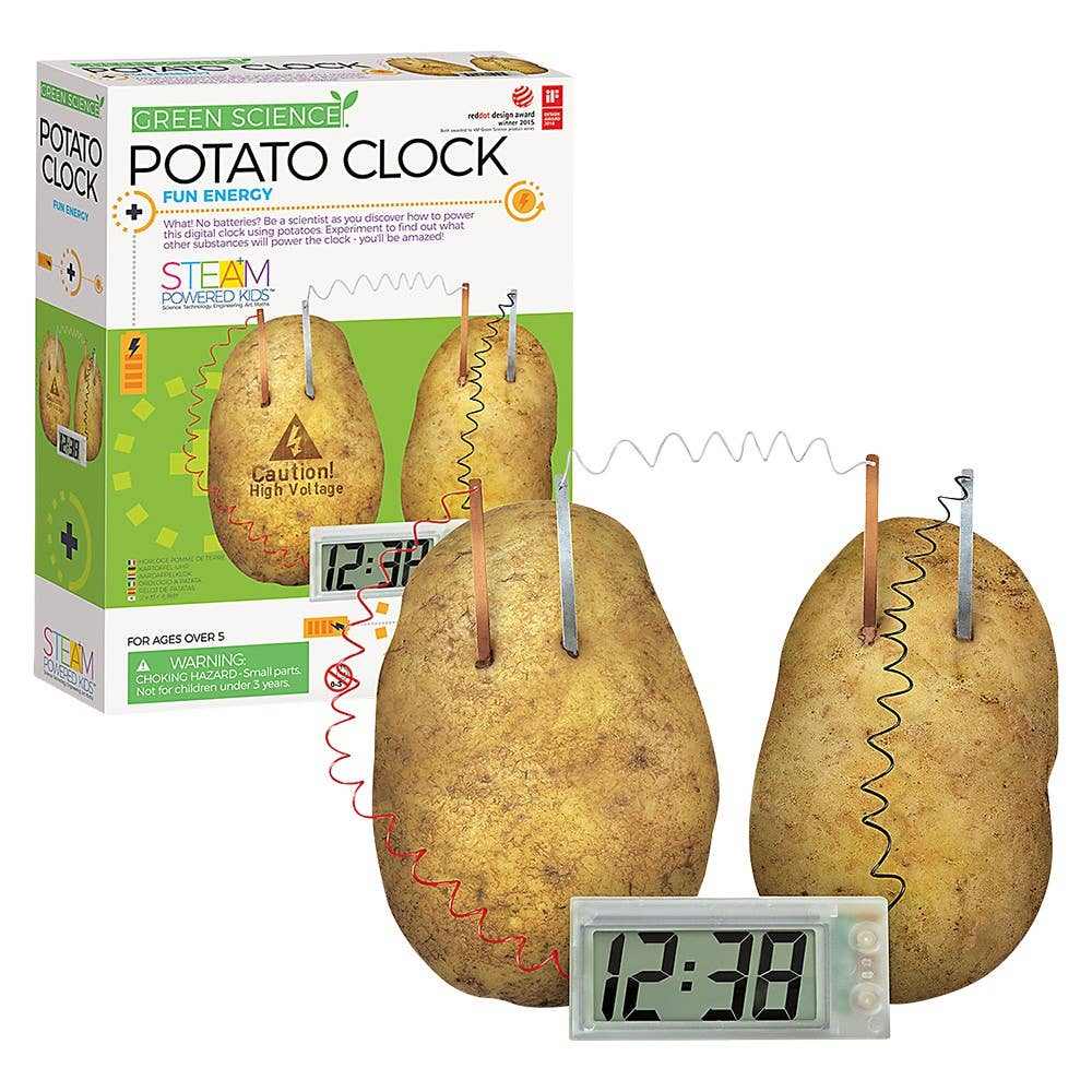 Potato Clock science kit demonstrating digital clock powered by potatoes and wires for educational fun energy experiment.