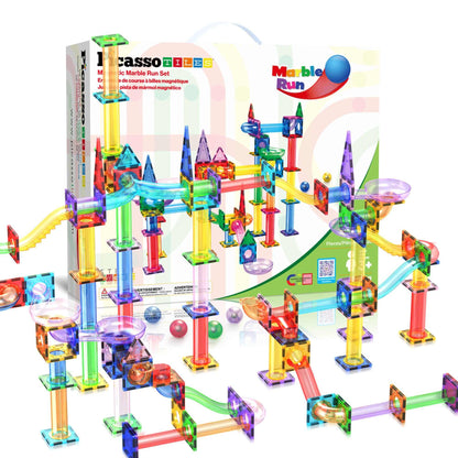 Colorful magnetic marble run track set with translucent tiles and multi-level 3D maze design for creative STEM play