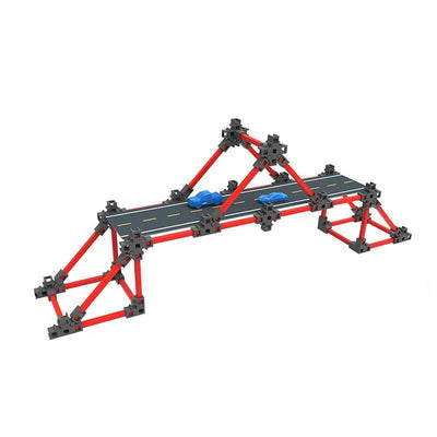 Bridge Architect building set with 123 pieces to construct a slanted beam bridge model including a learning booklet, no glue or tools needed.