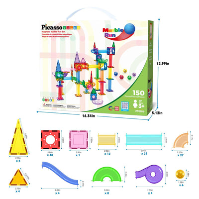 Magnetic Marble Run 70-piece STEM toy set with translucent, colorful magnetic tiles for building 3D marble tracks, promoting creativity and problem-solving.