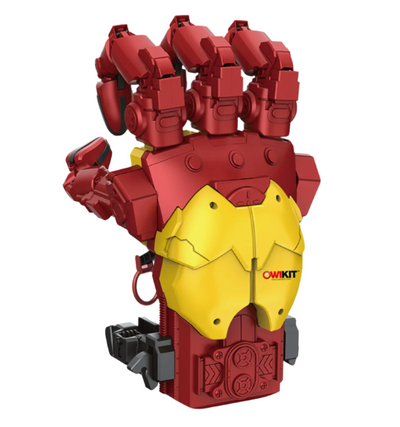 Red and yellow OWI Cyber Hand robotic STEM kit with mechanical movable fingers and buildable design