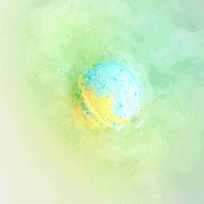 Blue and yellow planet-shaped bath bomb fizzing in water from Planet Bath-Bombs Science Kit for kids