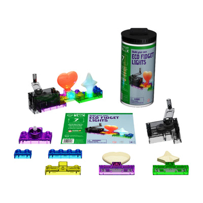 Circuit Blox BYO ECO Fidget Lights kit with colorful LED components, crank generator, and instructional guide for STEM projects.