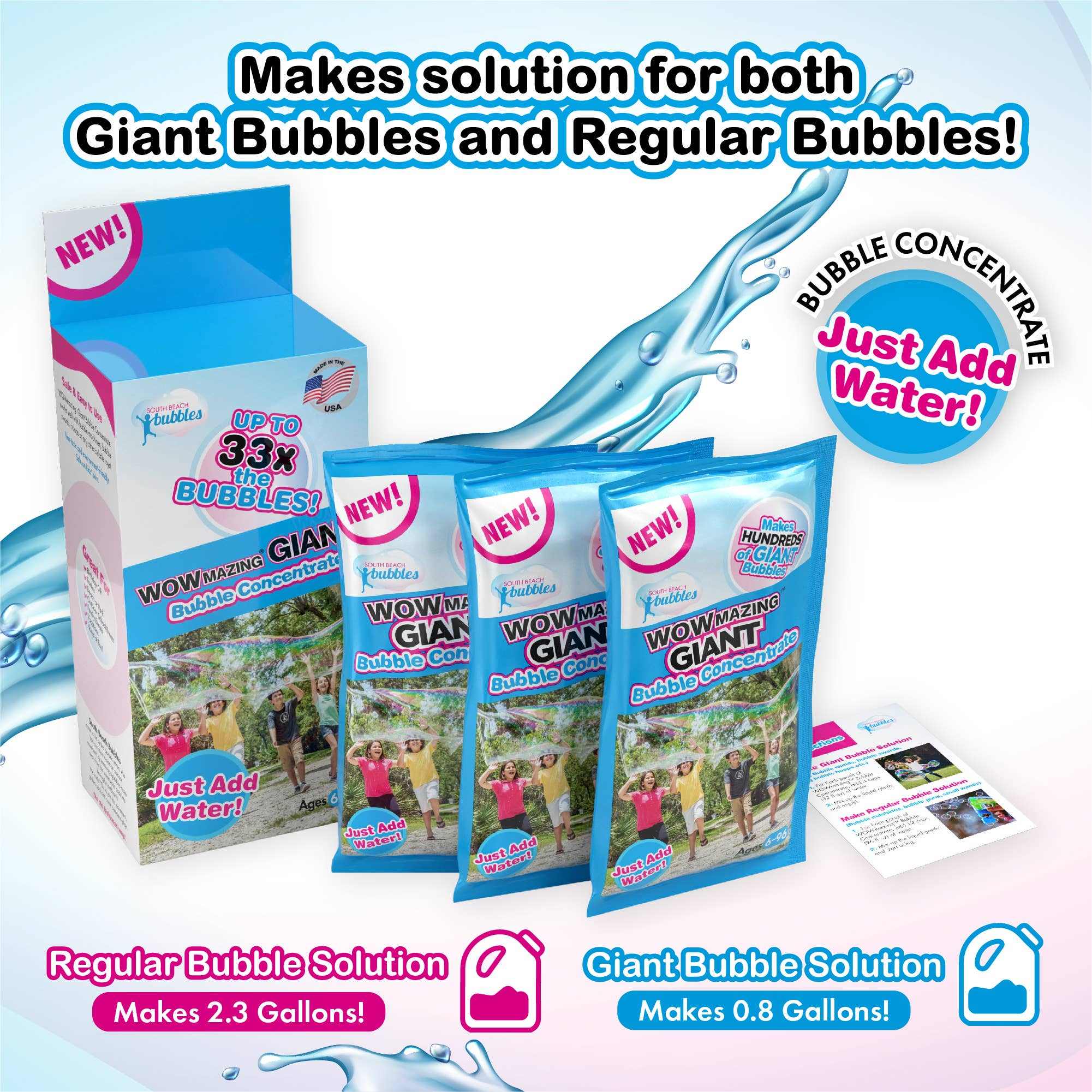 WOWmazing Giant Bubble Concentrate 3-pack refill pouches with packaging for making giant and regular bubbles by just adding water