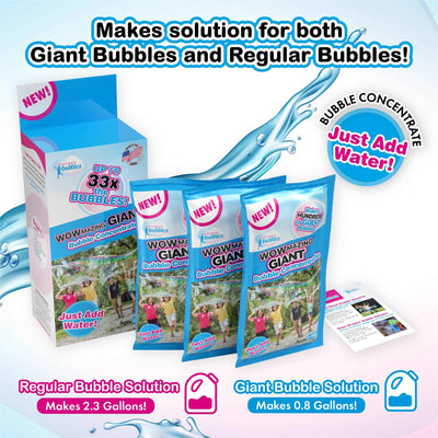 WOWmazing Giant Bubble Concentrate 3-pack refill pouches with packaging for making giant and regular bubbles by just adding water