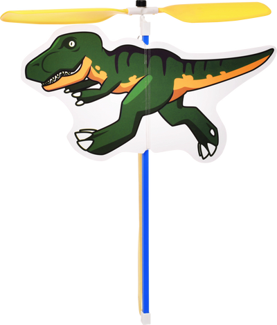 Band Powered Copter with T-Rex dinosaur design and yellow propeller for wind-up flying toy