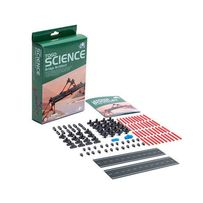 TOGO Science Bridge Architect building kit with 123 pieces, learning booklet, and step-by-step instructions for constructing a bridge model without glue or tools.